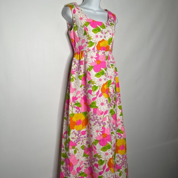 Vintage 60s White Pink Textured Floral Sleeveless Maxi Hostess Dress - Picture 3 of 8